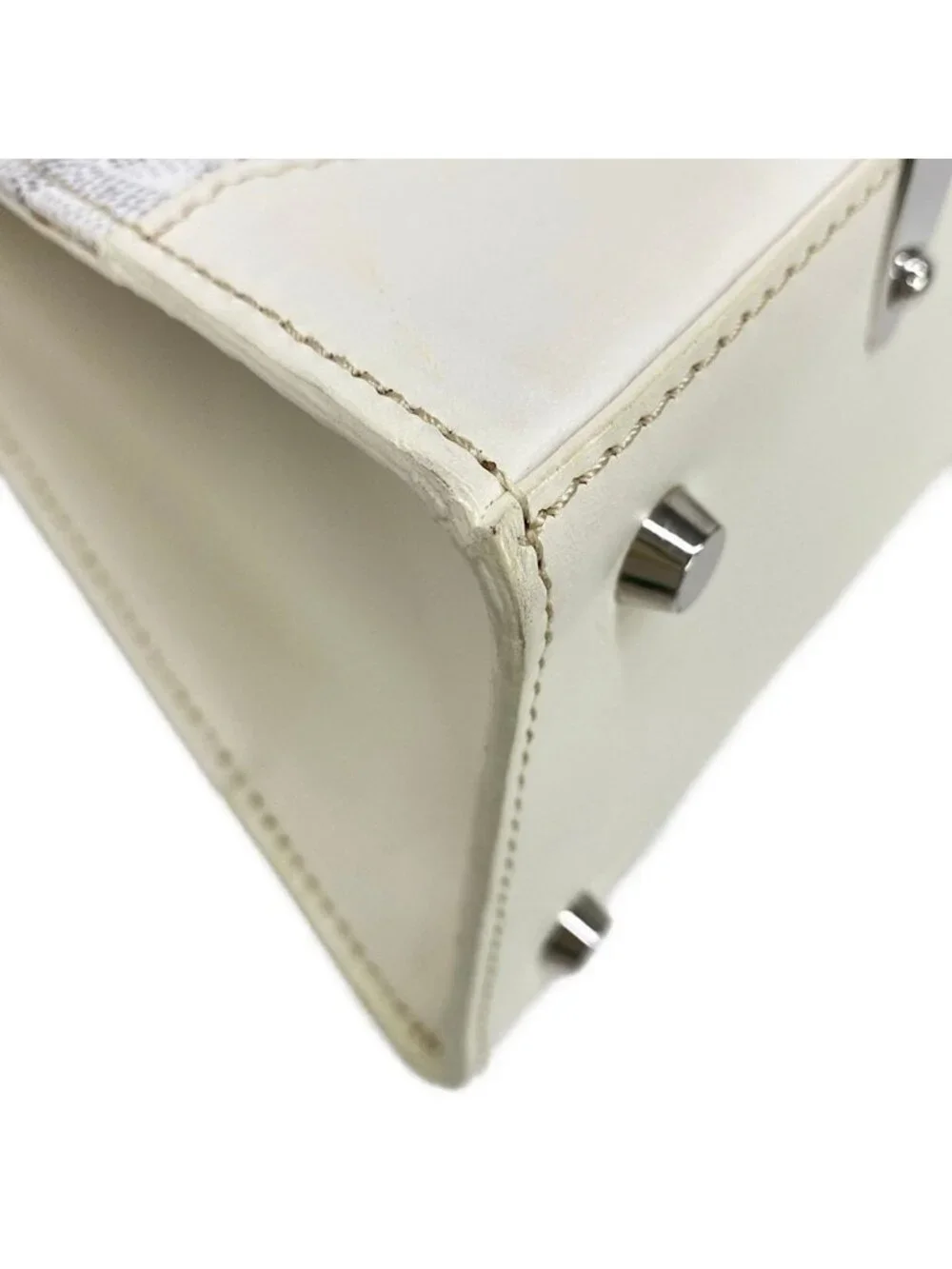 Goyard Handbag Saigon PM White Gray Brown Wood Handle Leather